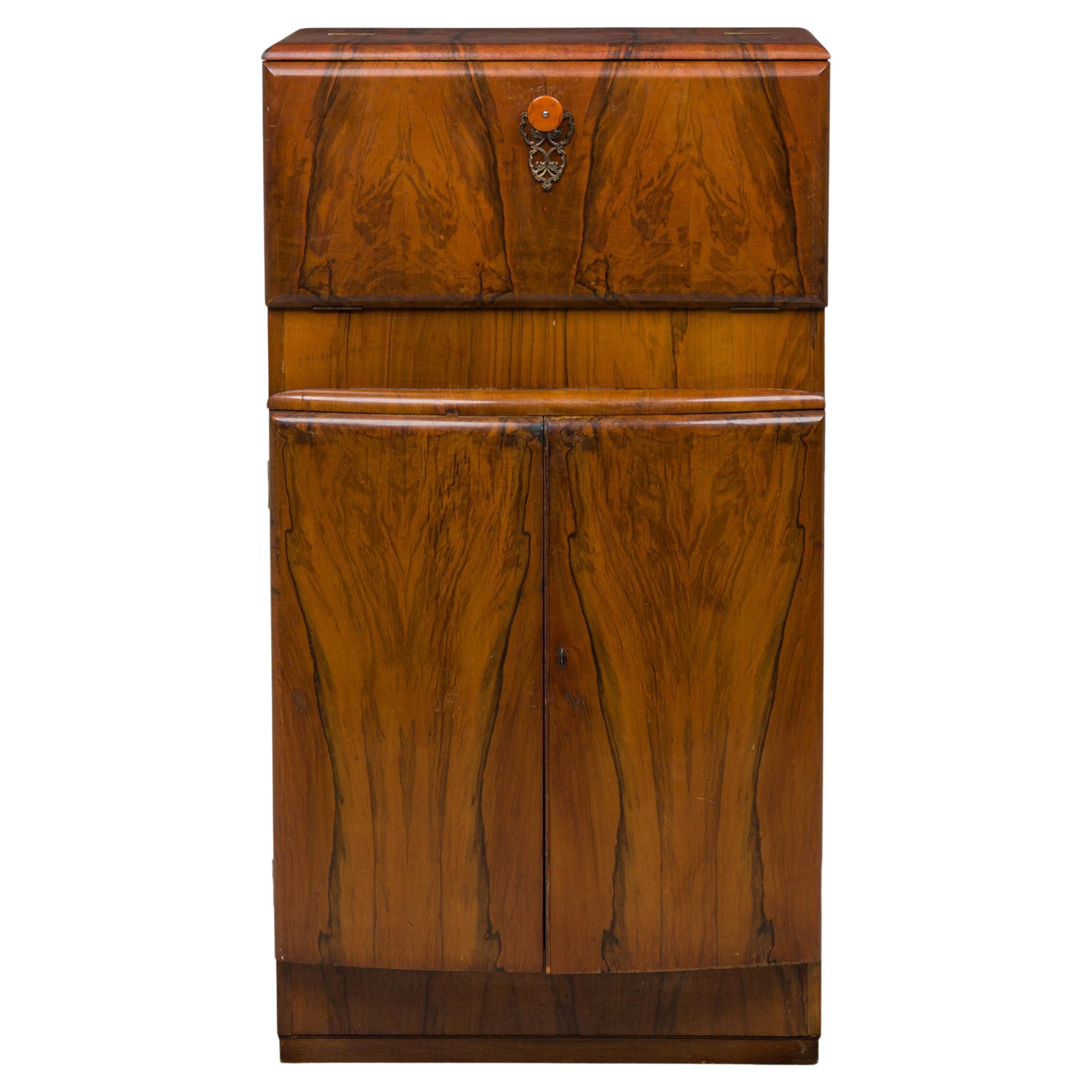 Art Deco Bar Cabinet, American Bow Front, Hinged Top, Circa 1955 For Sale