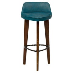 Pair of Mid-Century American Triangular Blue Vinyl Upholstered Wood Bar Stools