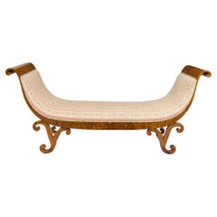 Biedermeier Mahogany Veneer Pink and Pale Green Damask Upholstered Chaise