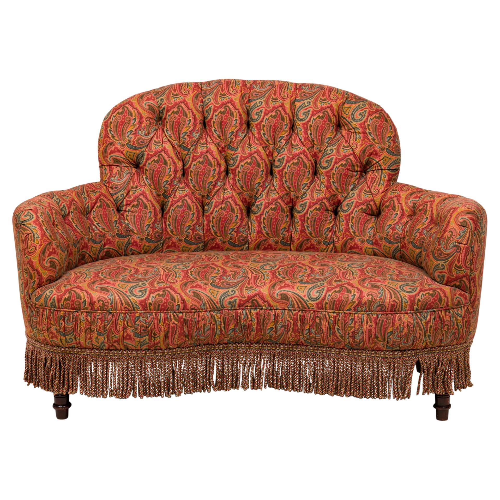 Victorian Loveseat, Tufted Paisley Fabric, Curved Arms, Circa 1850