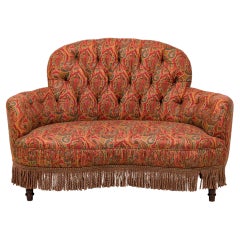 Victorian Loveseat, Tufted Paisley Upholstery, Curved Arms, Circa 1850
