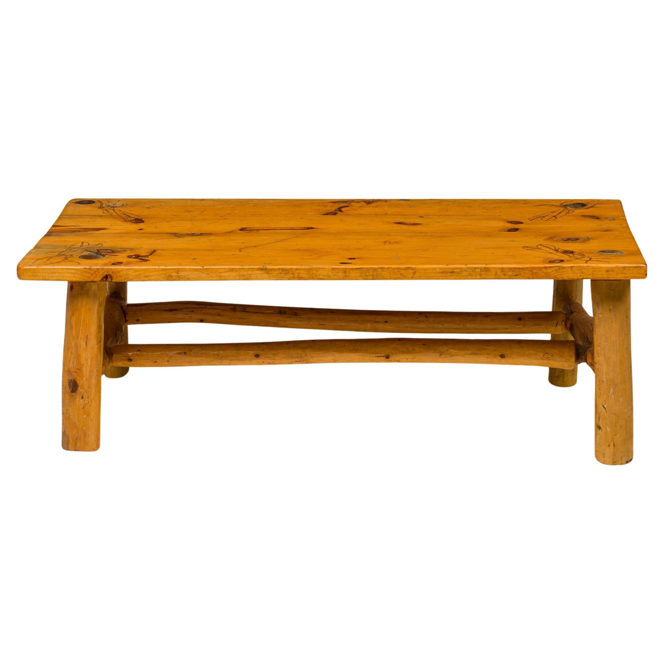 Rustic Pine Wood Carved Feather Design Rectangular Coffee Table