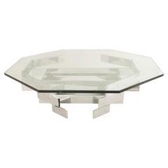 American Modern Coffee Table, Octagonal Glass Top, Chrome Base, 1970s
