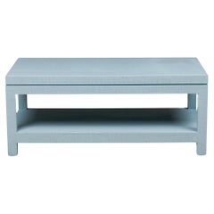 1960s Asian Contemporary Sky Blue Raffia Coffee Table with Low Shelf