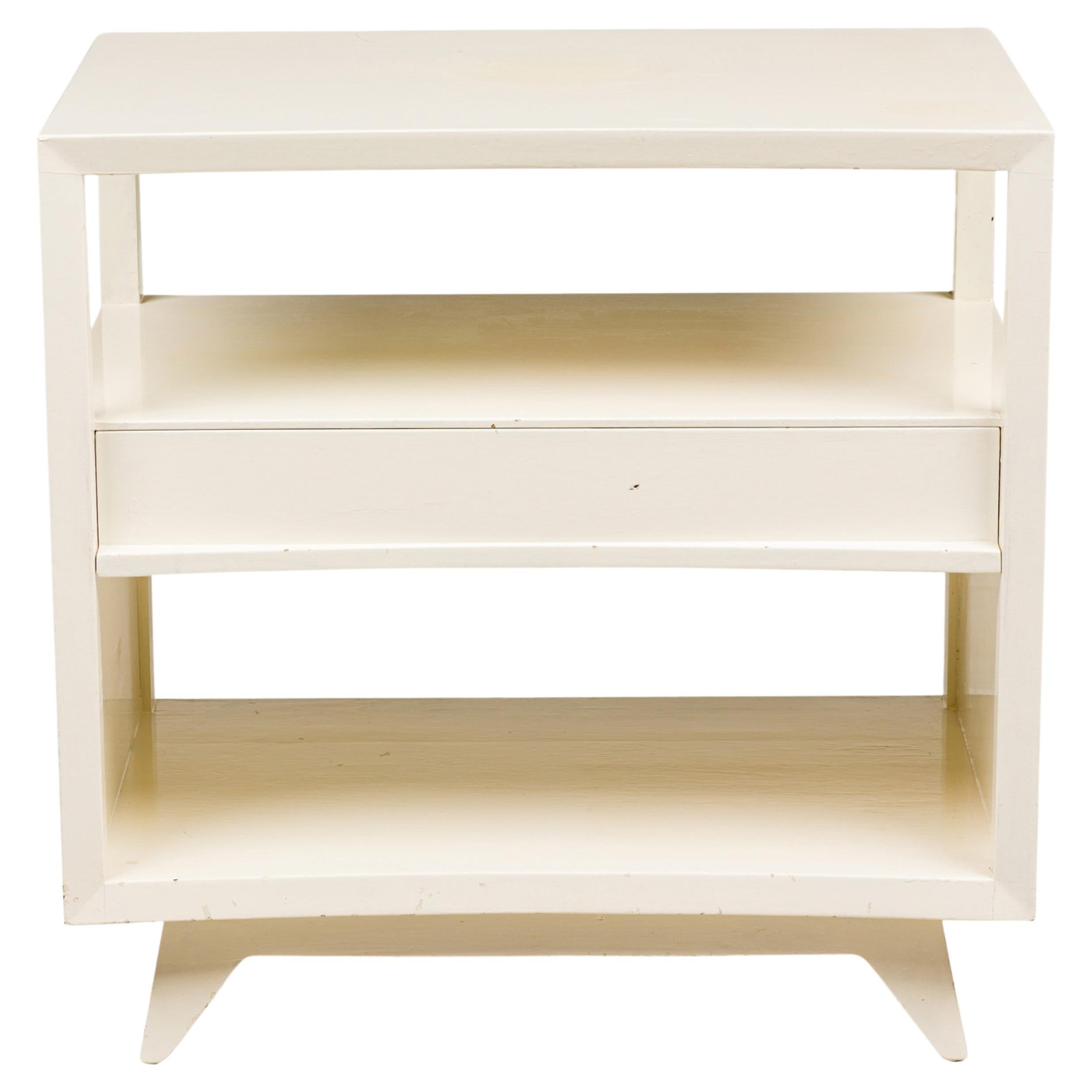 American Contemporary White Two-Tier End Tables, Concave Top, Pair