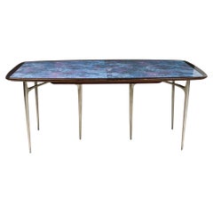 Table à manger moderne de style « mid-century » de Donald Deskey, plateau en émail bleu, années 1950