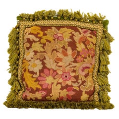 Pair of French Victorian-Style Pink Floral and Green Tapestry Throw Pillows