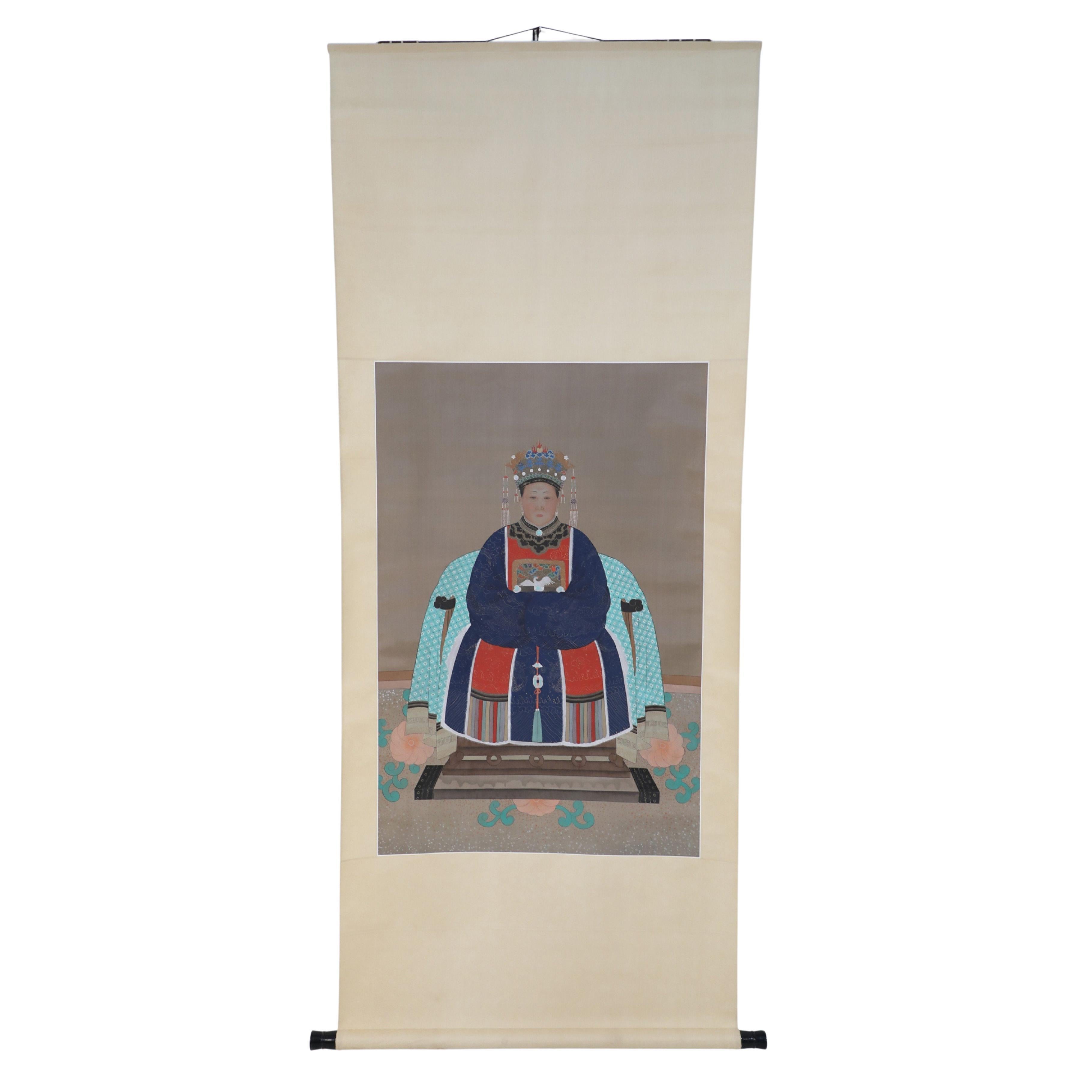 Parchemins suspendus en papier et soie de style dynastie chinoise Qing pour le portrait de la reine