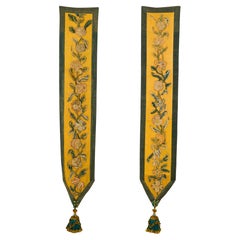 Pair of Antique Yellow and Green Floral Needlepoint Tapestry Wall Hangings