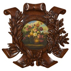 Carved Wooden Wall Plaque with Painted Floral Still Life Center