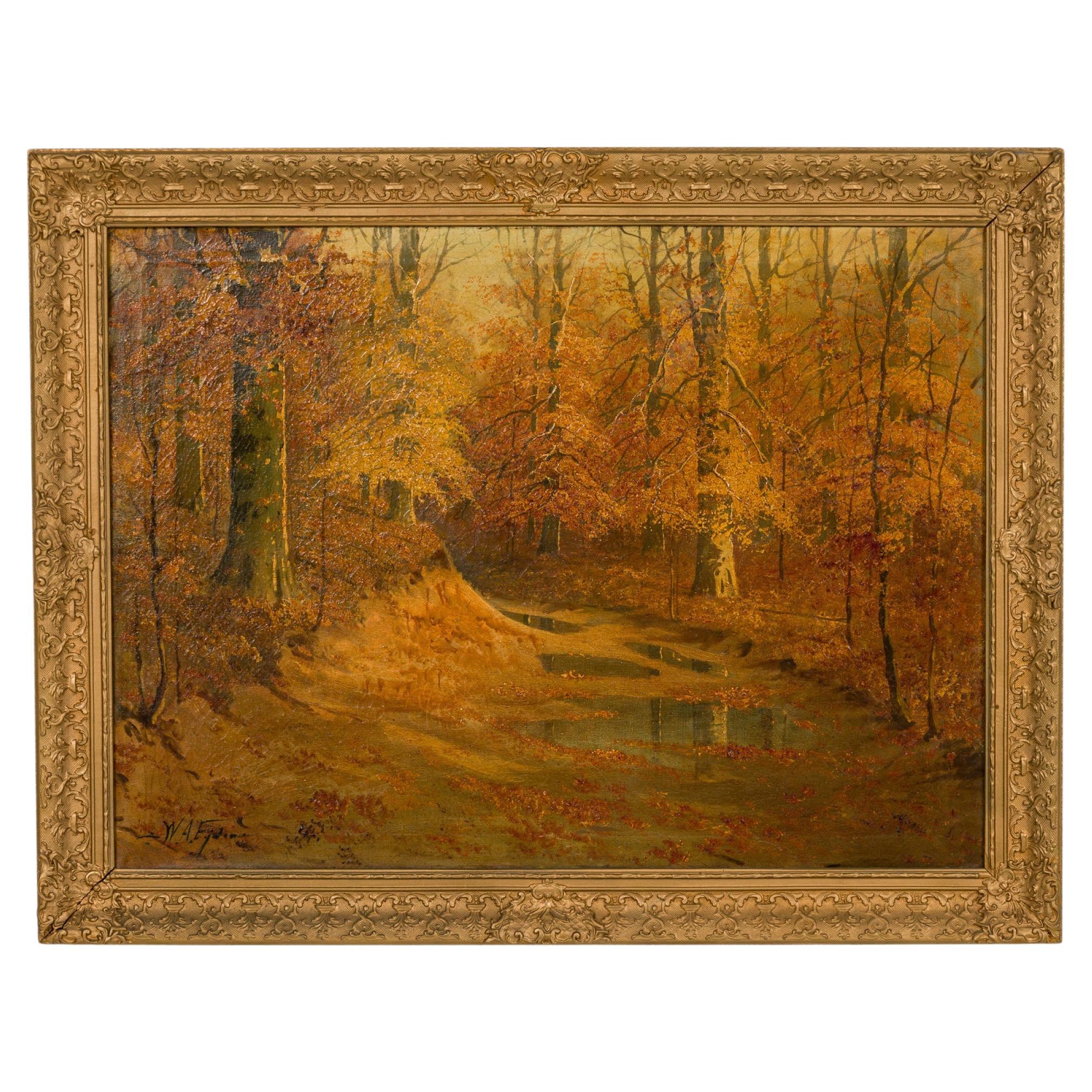 American Victorian Landscape Painting, Fall Forest Scene, 34x44 in