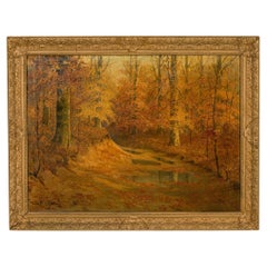 American Victorian Landscape Painting, Fall Forest Scene, 34x44 in
