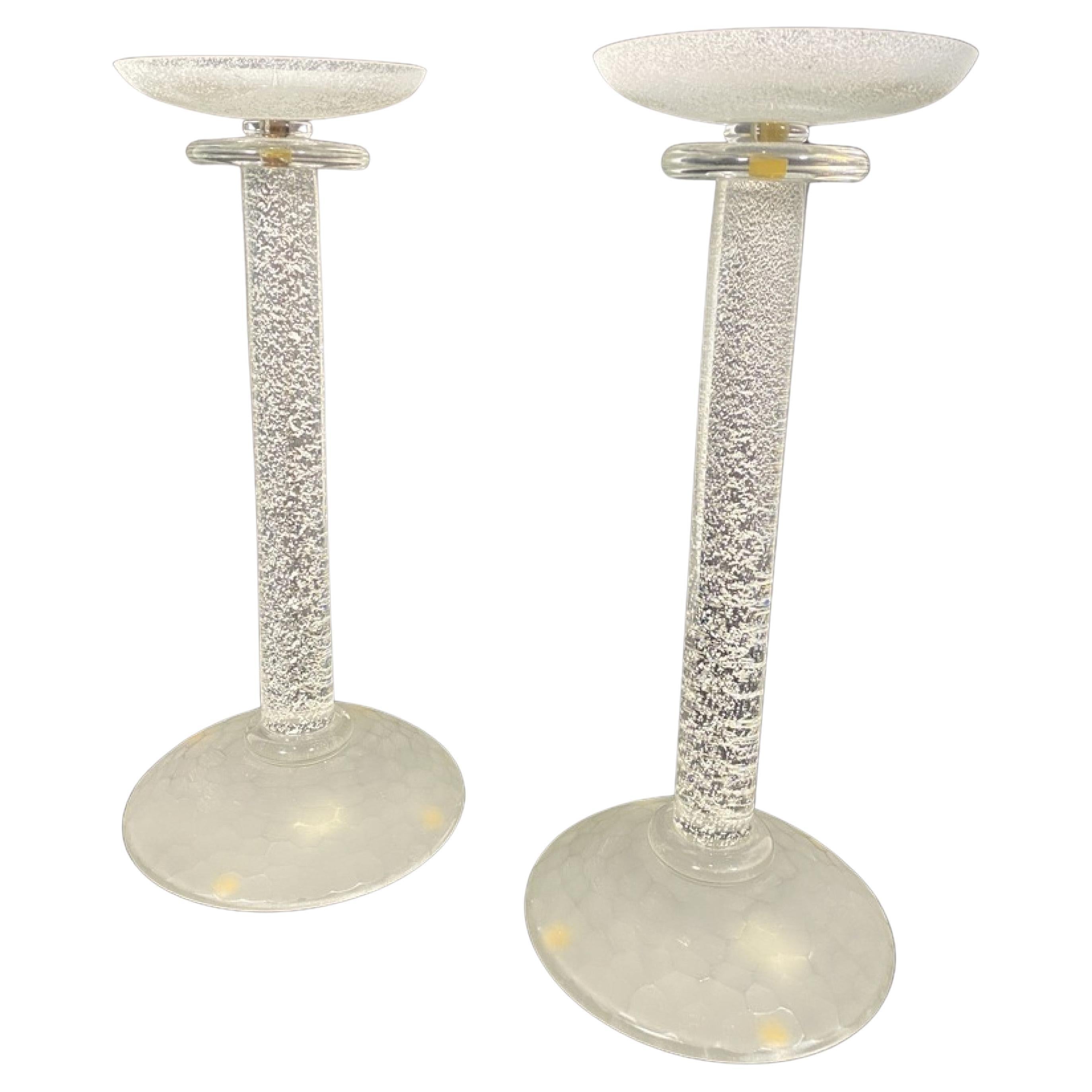 Pair of Karl Springer American Clear Scavo Prototype Glass Candlesticks