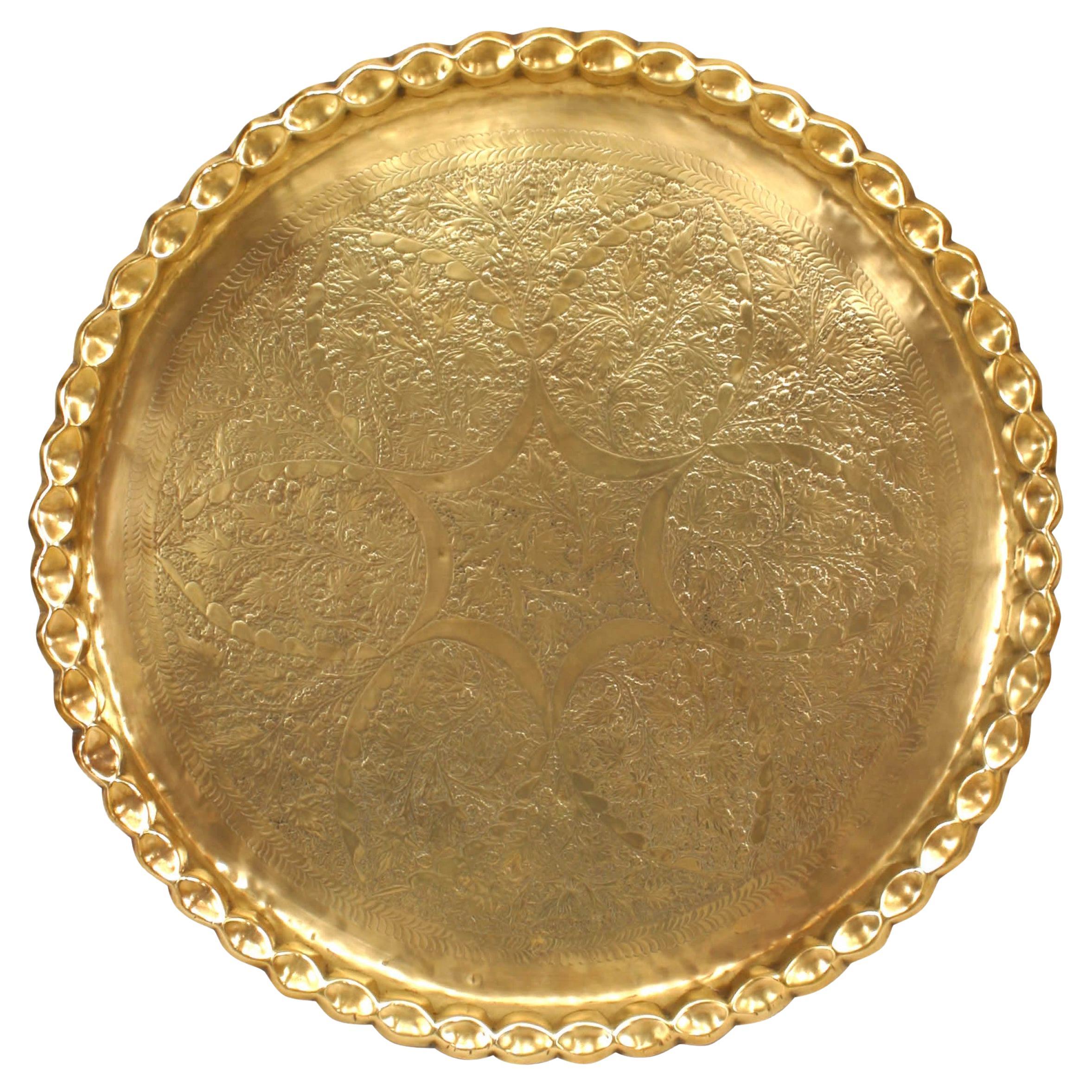 Moorish Round Brass Tray, Hand-Crafted, Scalloped Edge, Circa 1890 For Sale