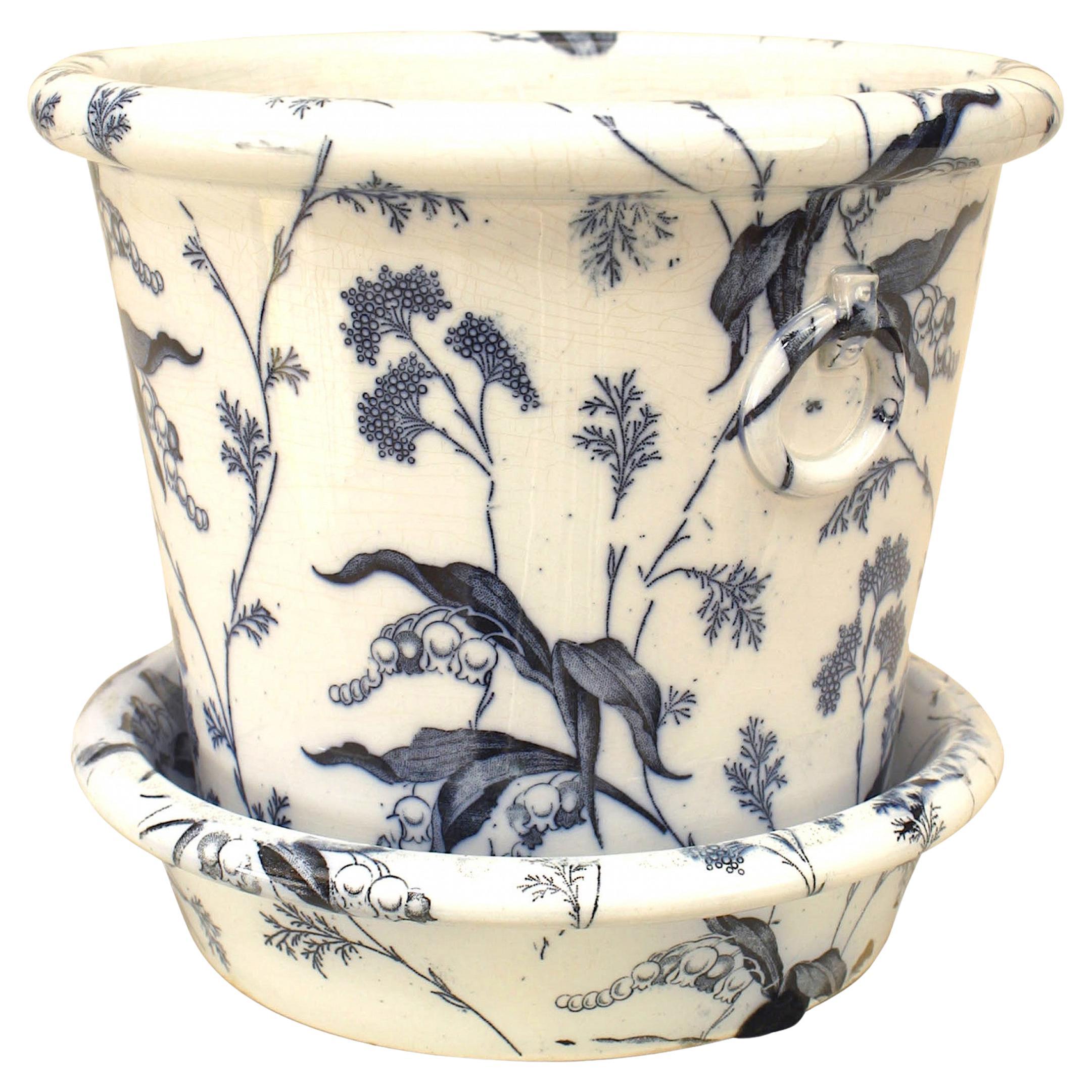 Coppia di vasi vittoriani inglesi in ceramica bianca e blu
