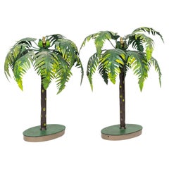 Pair of Vintage Asian Green Tole Bonsai Palm Tree Sculptures