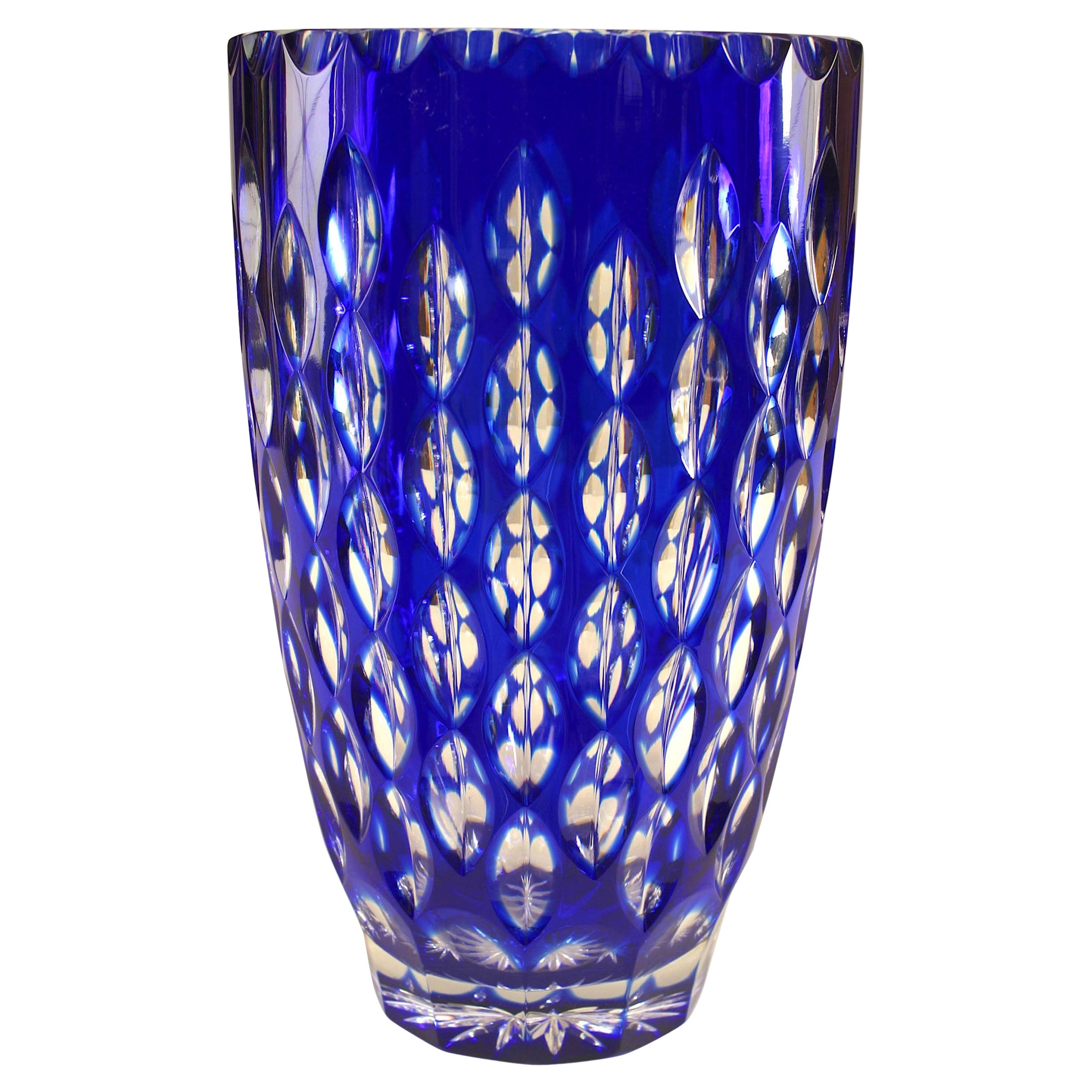 Vaso in vetro ceco Art Deco trasparente e blu