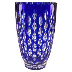 Vaso in vetro ceco Art Deco trasparente e blu