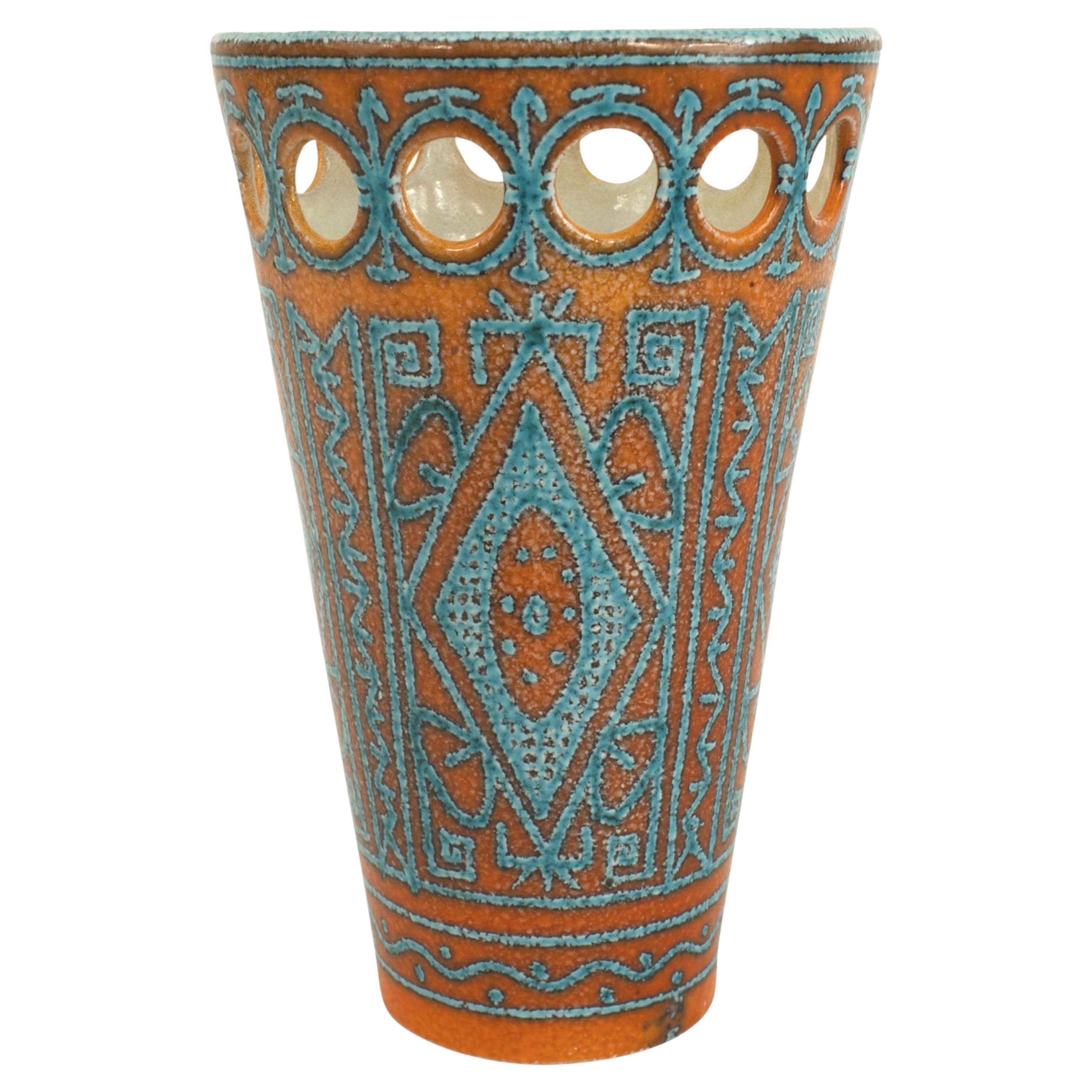 Italian Mid-Century Orange and Turquoise Porcelain Vase For Sale