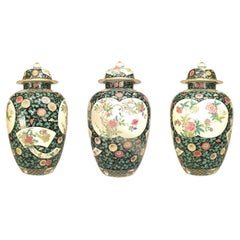 Set of 3 Antique Chinese Style Black and White Temple Jars, Circa 1890
