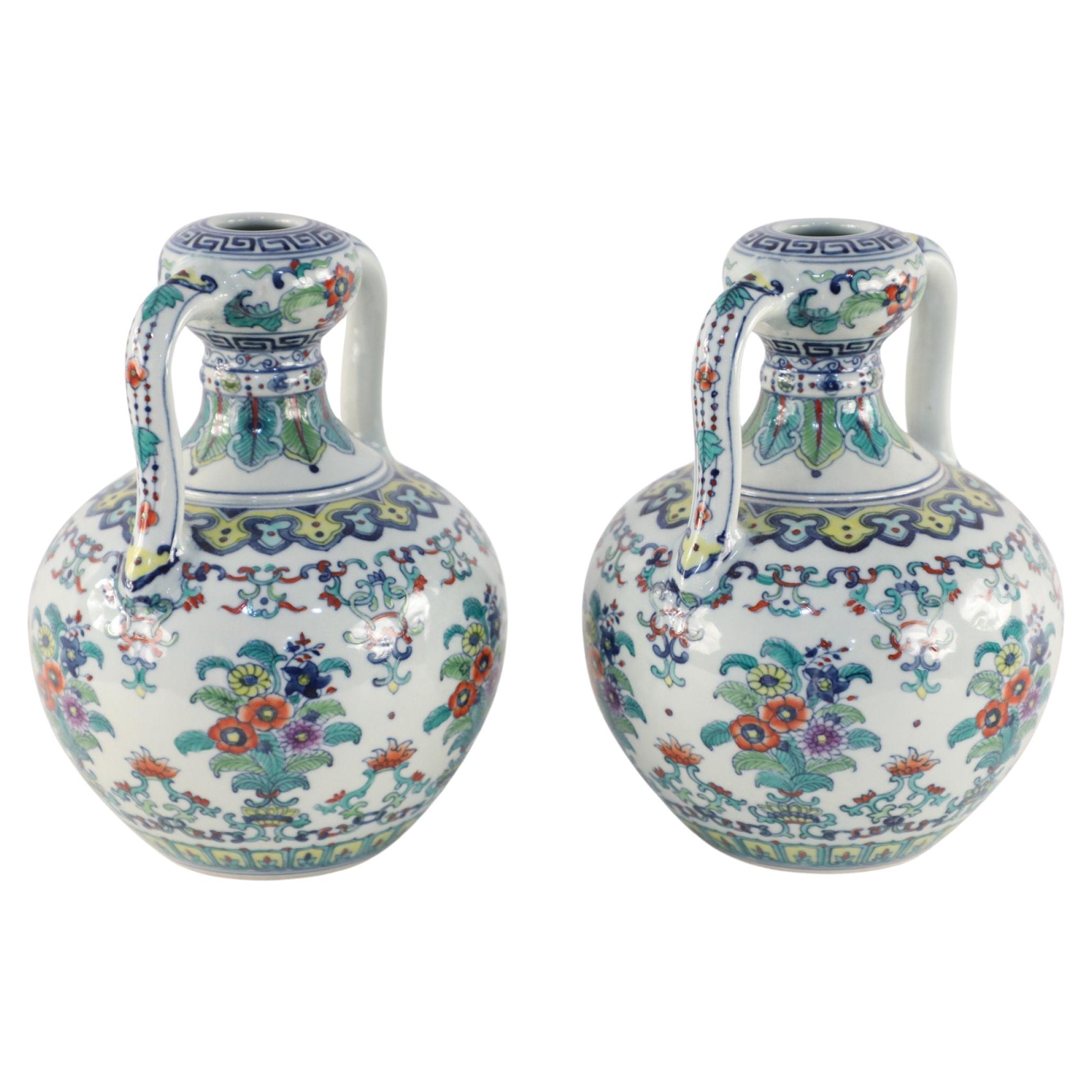 Chinese Doucai Double Ear Porcelain Vases, Hand-Crafted, 20th Century For Sale