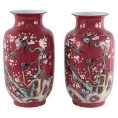 Coppia di vasi cinesi in porcellana rossa in stile Qianlong della dinastia Qing