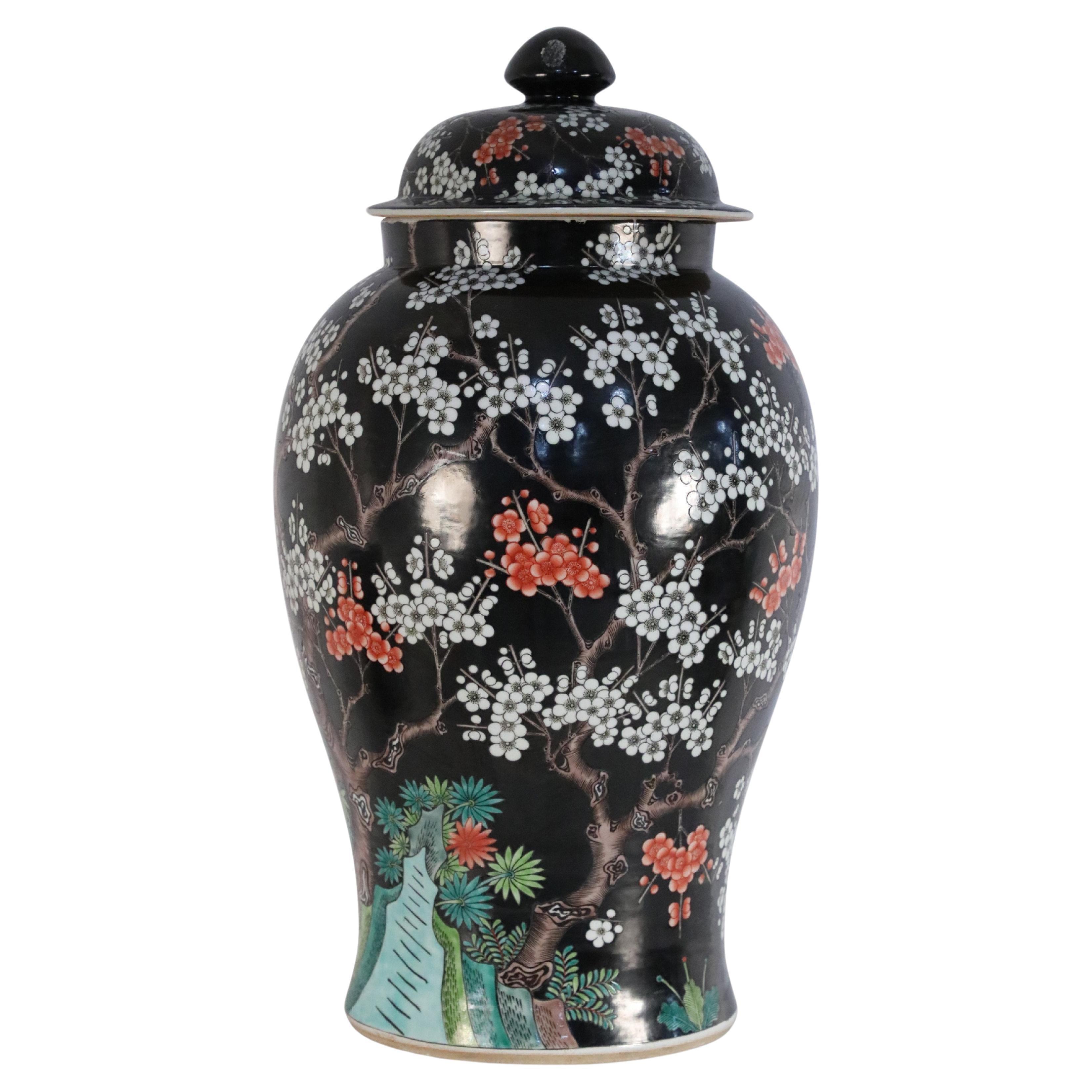 Chinese Black Porcelain Jar with Cherry Blossom Design, Good Condition For Sale