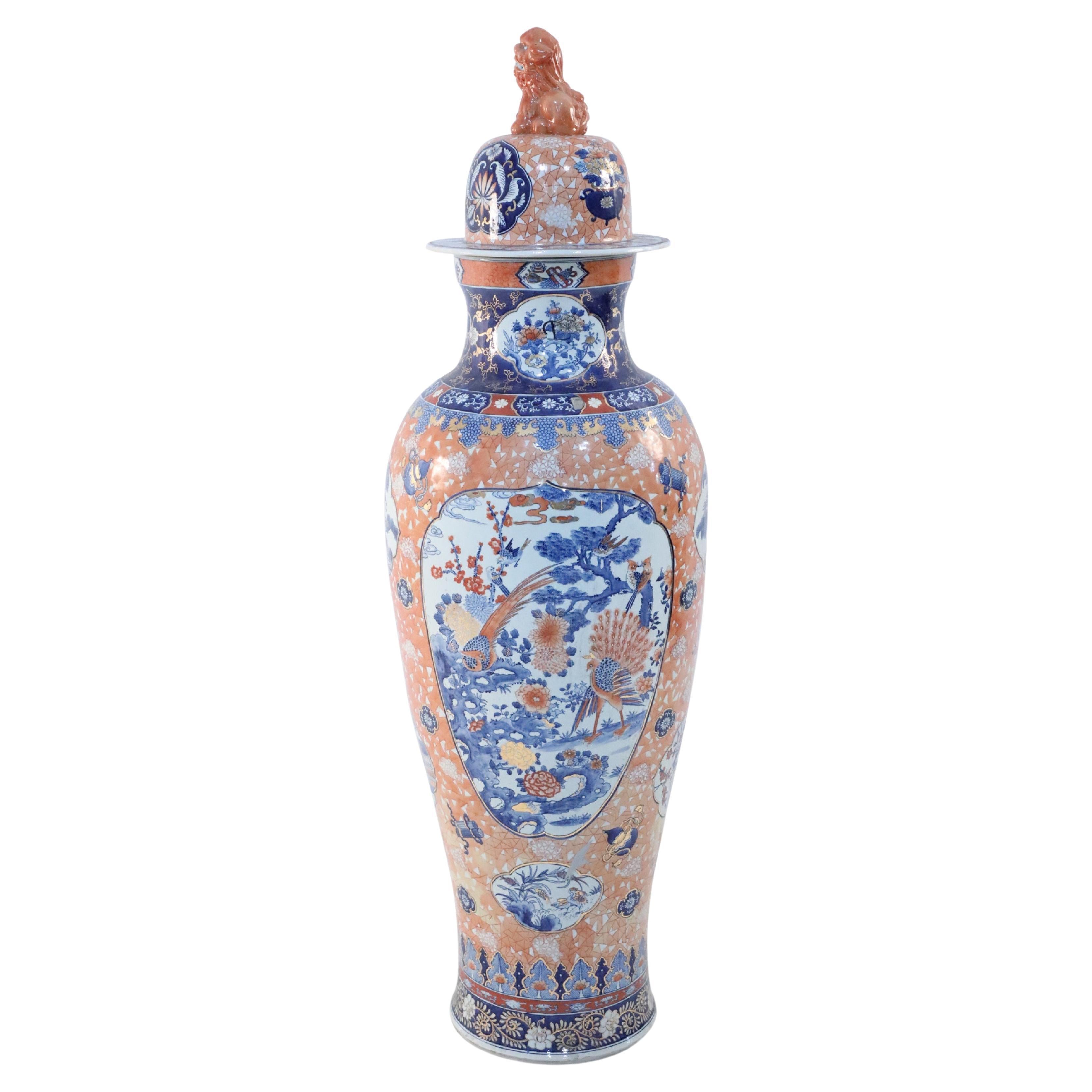 Chinese Lidded Porcelain Floor Vase, Imari Style, Foo Dog Finial, 20 For Sale