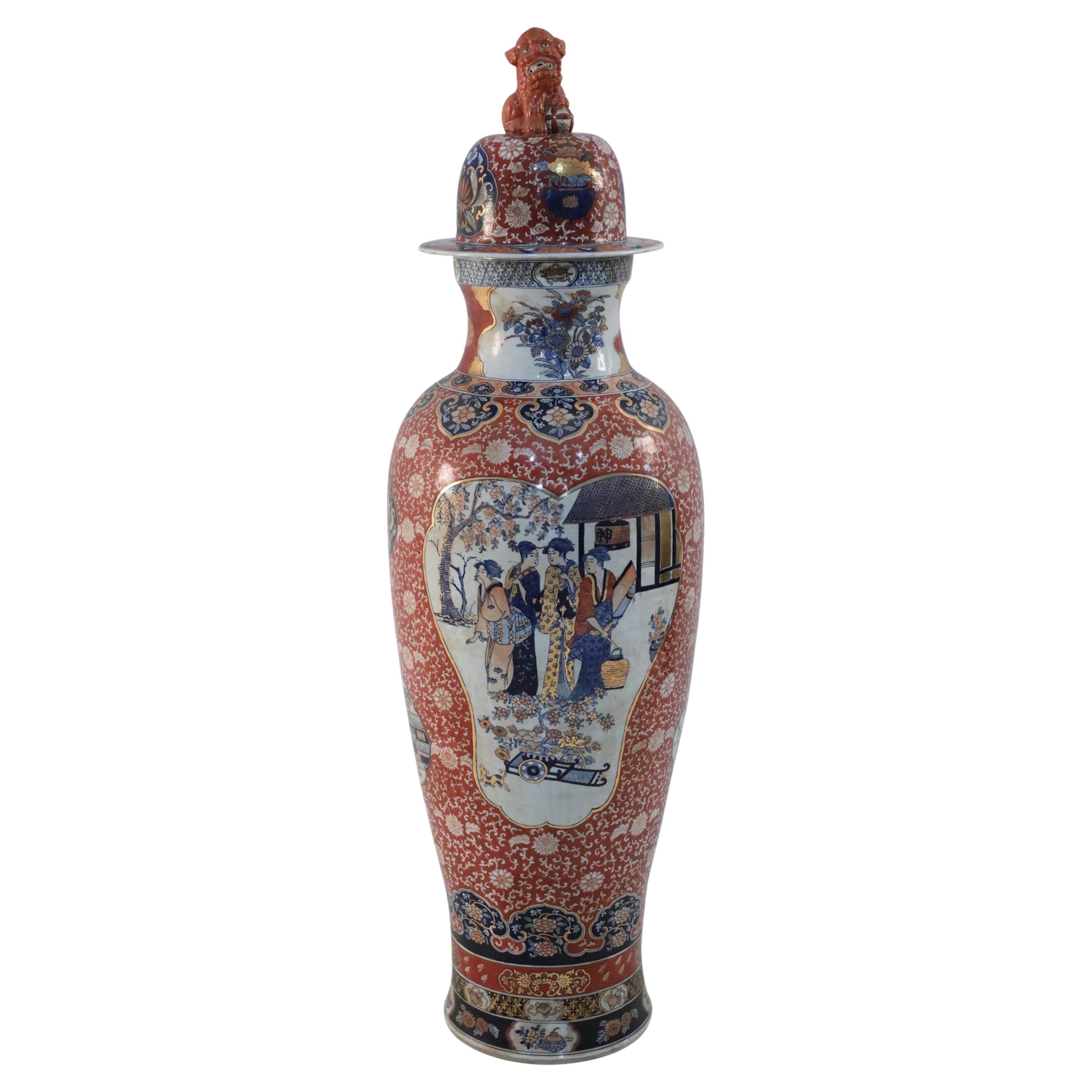 Chinese Imari-Style Lidded Floor Vase with Figurative Scenes For Sale
