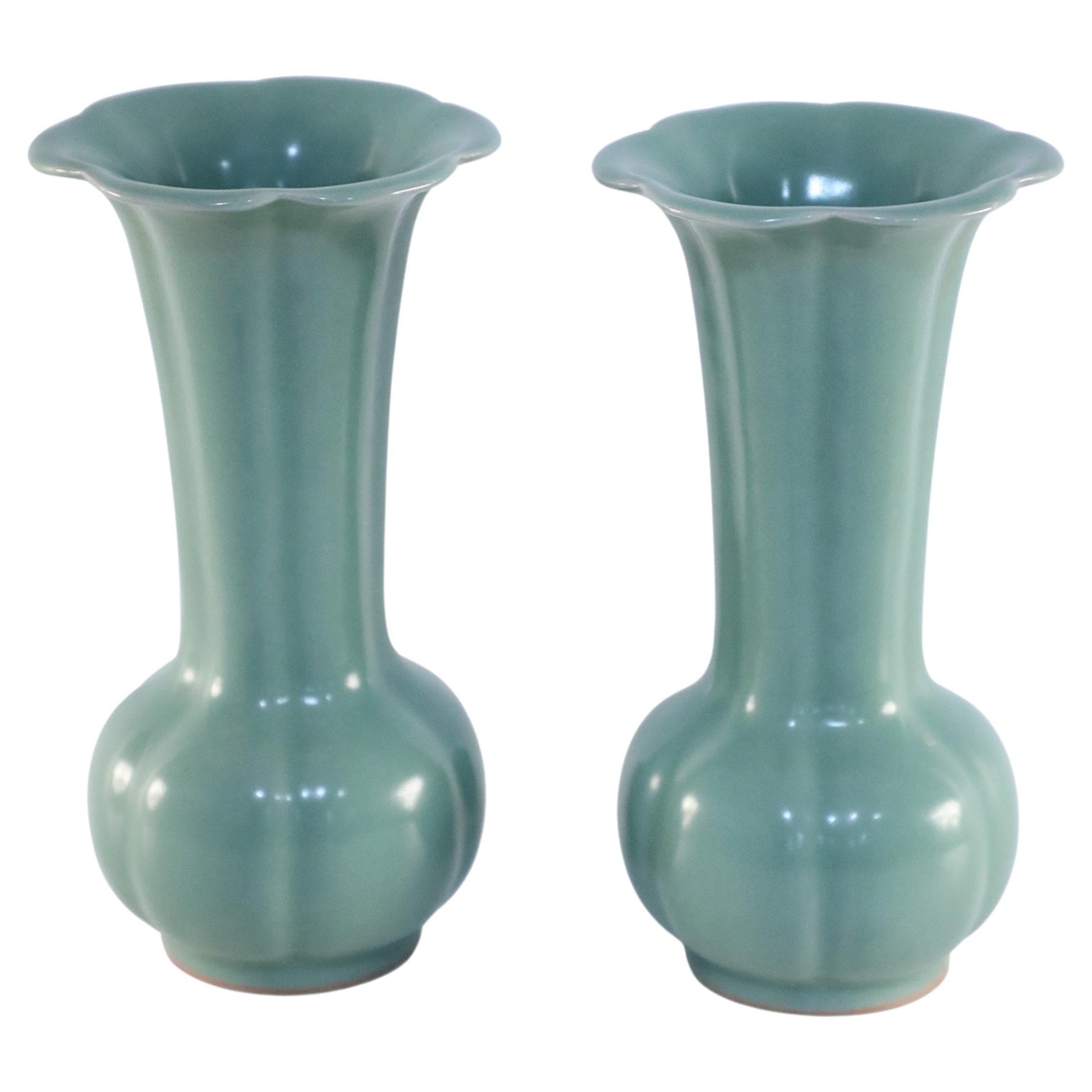 Pair of Antique Chinese Celadon Porcelain Vases, Fluted Neck For Sale