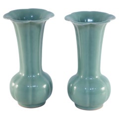 Pair of Chinese Fluted and Scalloped Celadon Porcelain Vases