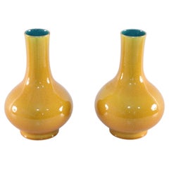 Antique Chinese Yellow Pear-Shaped Porcelain Vases with Gold Rims