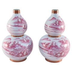 Pair of Chinese Pink and White Porcelain Double Gourd Vases