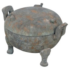 Antique Chinese Han Dynasty-Style Bronze Pot with Lid and Feet, 20