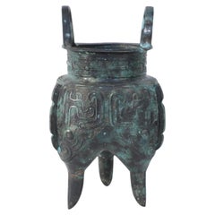 Chinese Han Dynasty-Style Patinated Bronze Tapered Leg Vessel