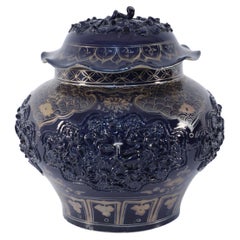 Chinese Blue and Gold Painted Lidded Porcelain Pot