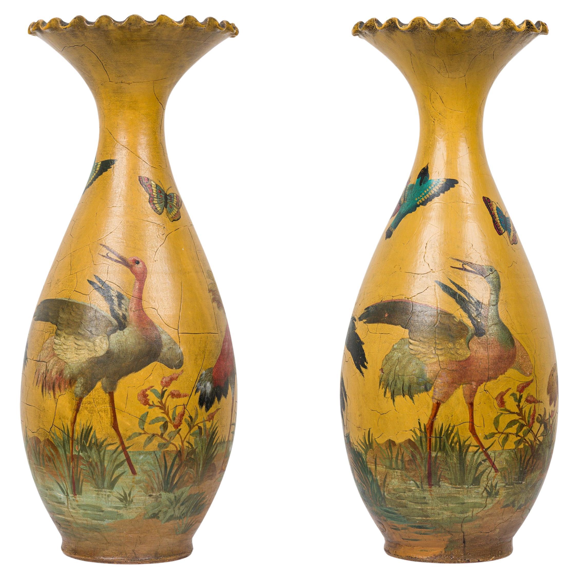 Pair of French Large Painted Terra-Cotta Vases For Sale
