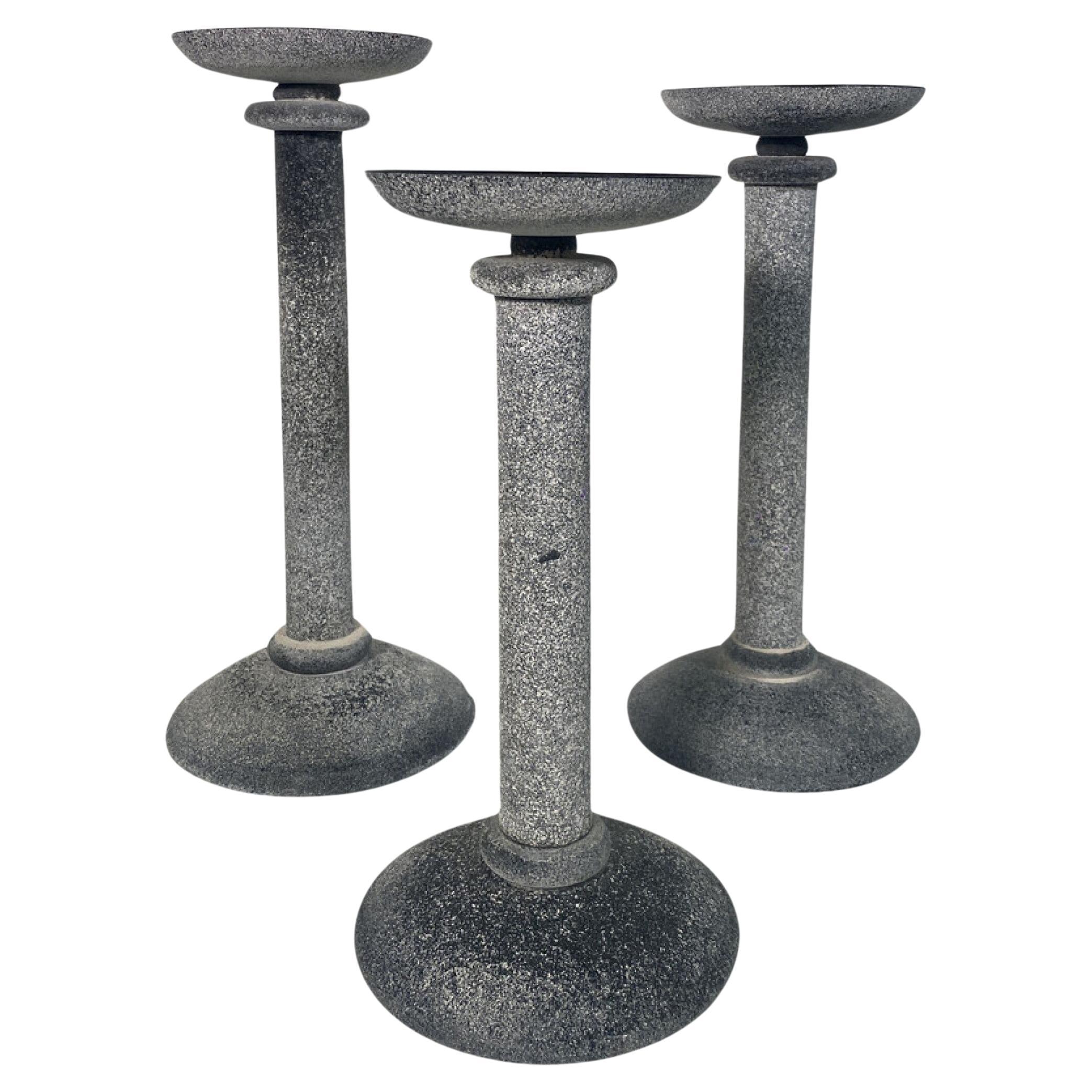 Set of 3 Karl Springer for Seguso Italian Venetian Gray Scavo Glass Candlesticks For Sale