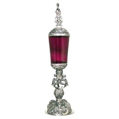 Italian Rococo Style Red Glass and Silver Chalice