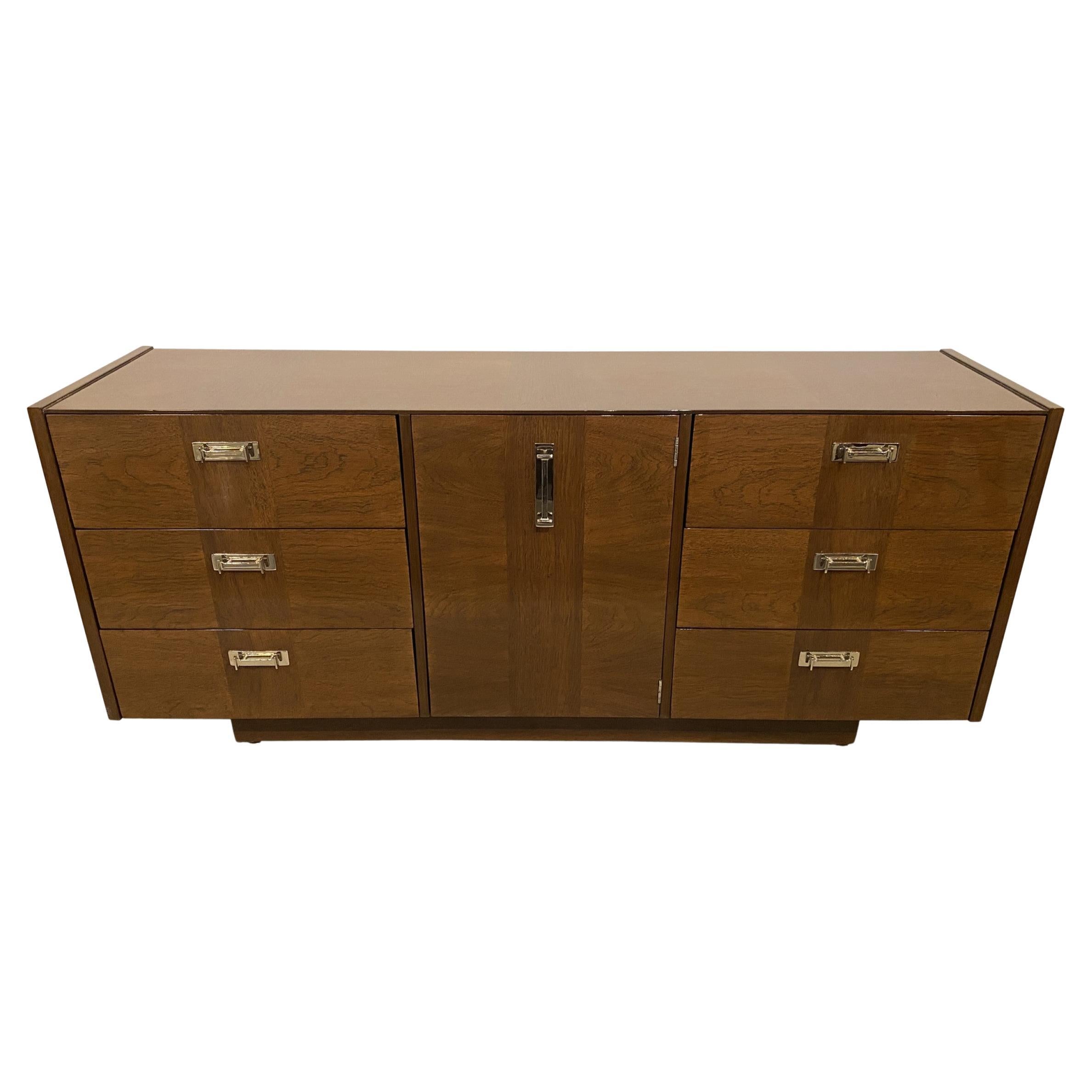 Lane Furniture American Mid-Century Walnut and Chrome 6-Drawer Credenza
