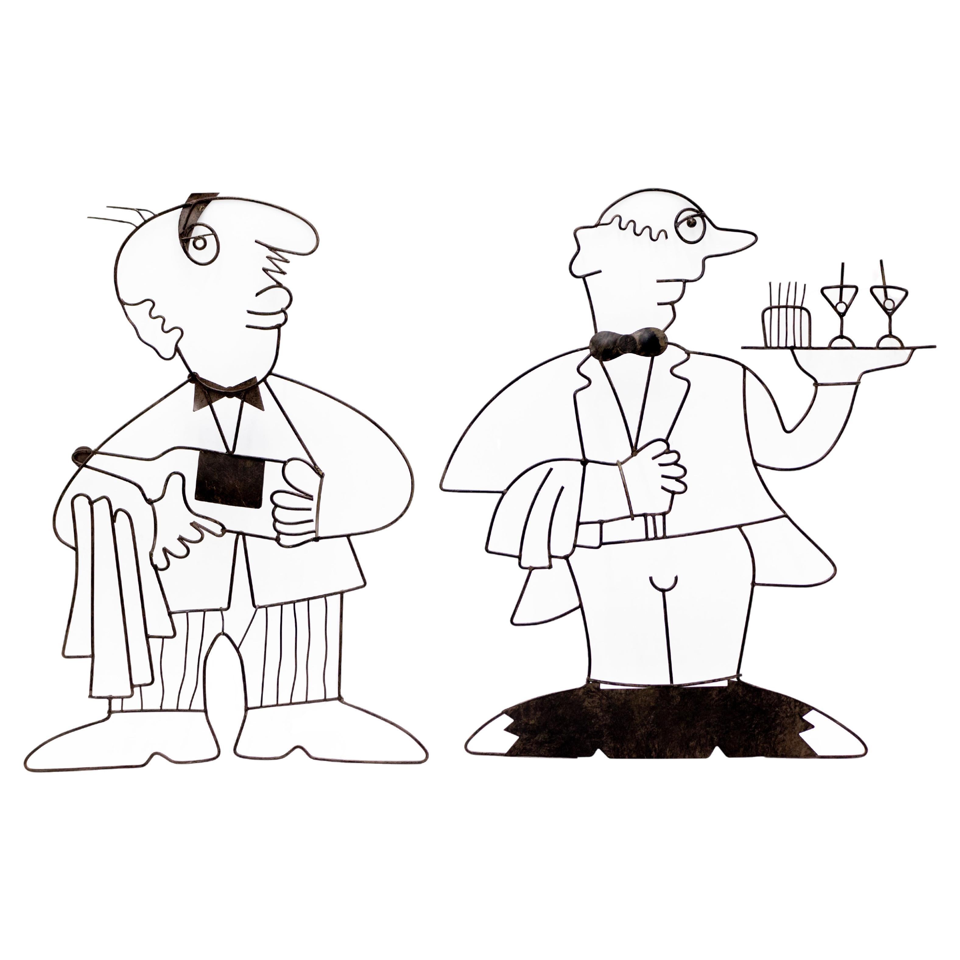 Pair of Wire Sculptures Depicting Waitstaff For Sale