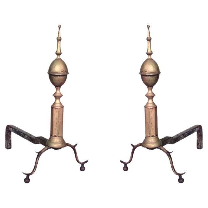 Pair of Country Brass Finial Andirons