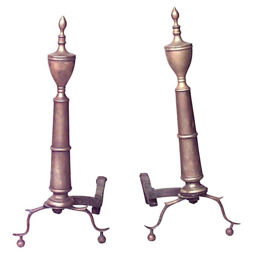 American Country Brass Urn Andirons, Hand-Crafted, Circa 1850, USA