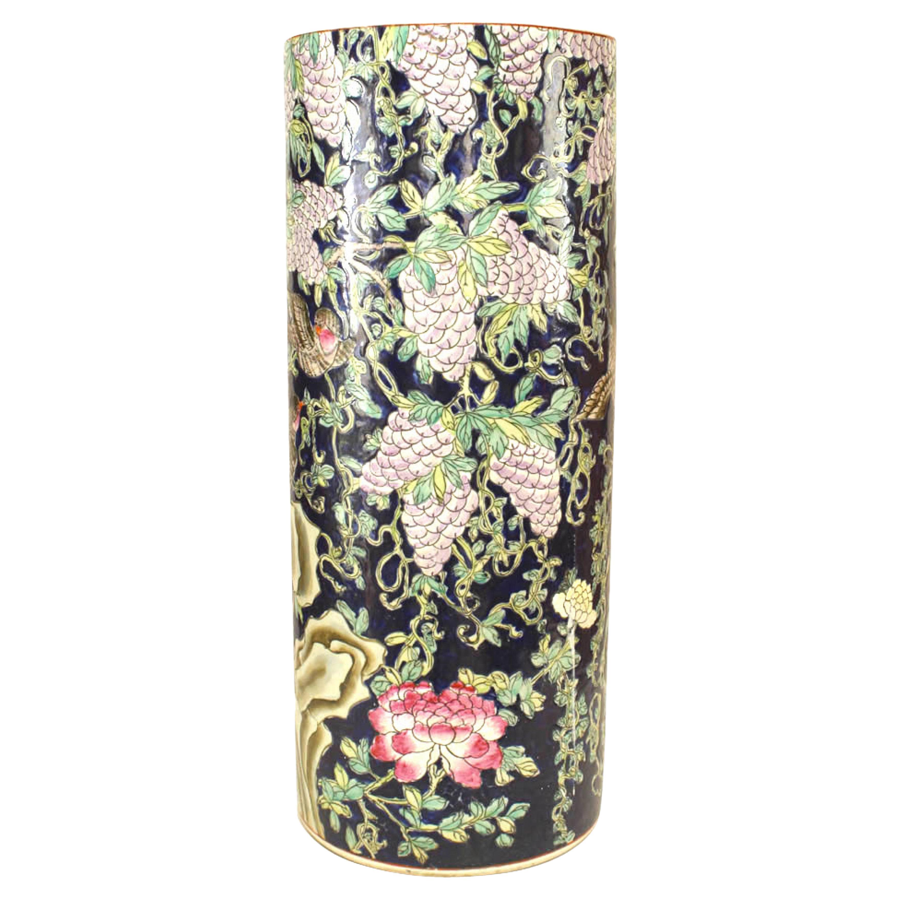 20th Century Chinese Porcelain Umbrella Stand with Floral Design