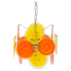 Vistosi Italian Bright Orange Blown Glass Disk & Silver Metal Chandelier