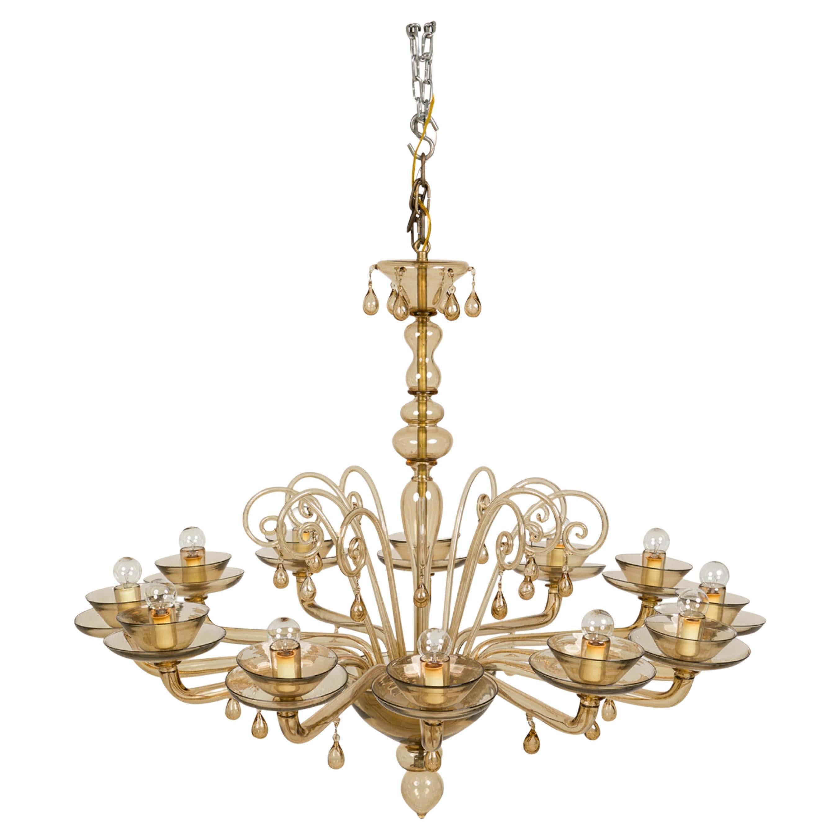 Italian Murano Amber Glass Chandelier, 12 Arms, Art Moderne, 1940 For Sale