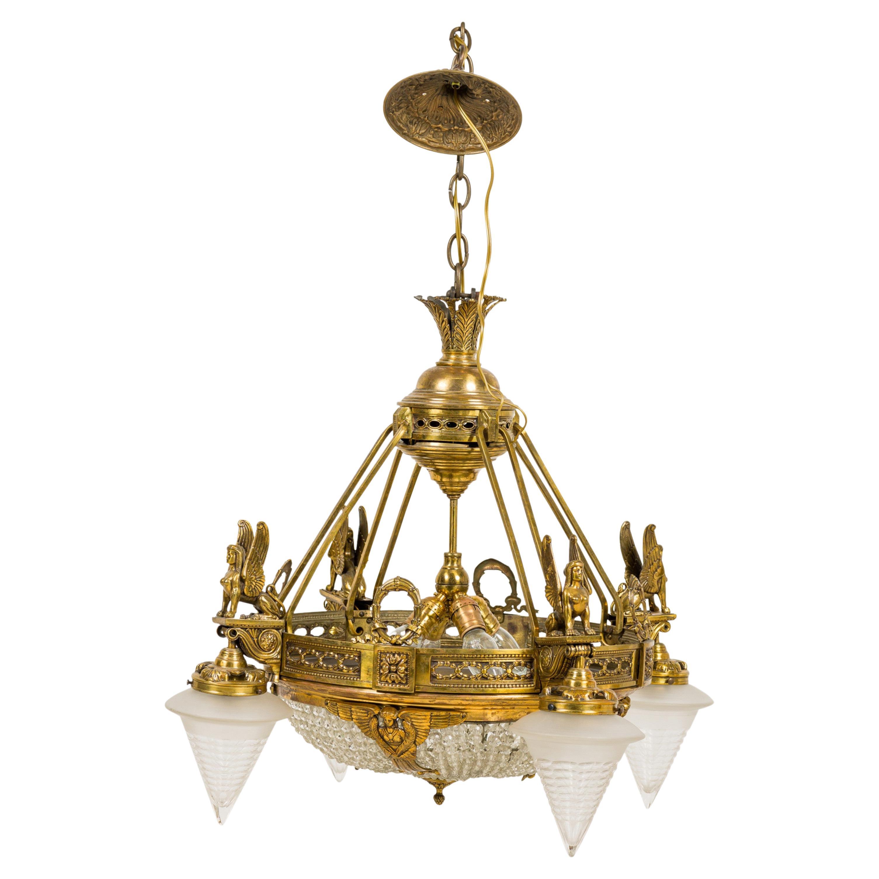 French Art Deco beaded glass chandelier with 4 cone shaped shades For Sale