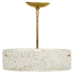 Mid-Century Textured Glass Chandelier, Round Design, Brass Finial, 15"