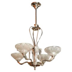 Late Art Deco Nickel and Frosted Glass "Icicle" Chandelier