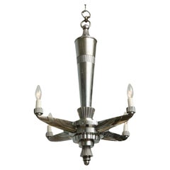 Vierarmiger Art-Déco-Kronleuchter aus poliertem Nickel und Bronze, Art déco, Paar
